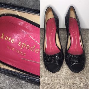 Kate Spade Black patent alligator satin heels 7